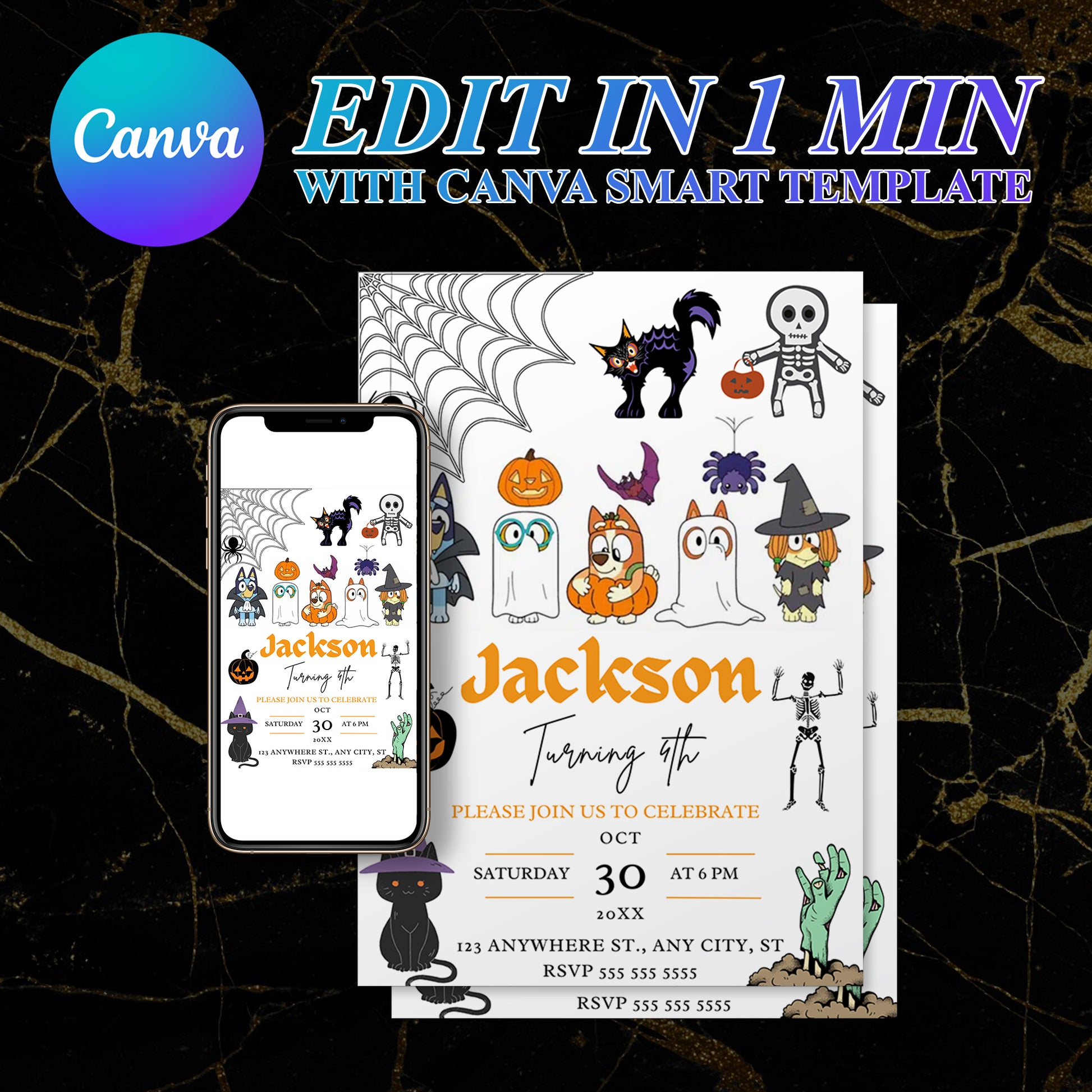 Bluey and Bingo Halloween Birthday Invitation Template - CreativeRino