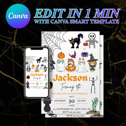 Bluey and Bingo Halloween Birthday Invitation Template - CreativeRino
