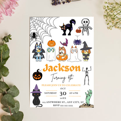 Bluey and Bingo Halloween Birthday Invitation Template - CreativeRino