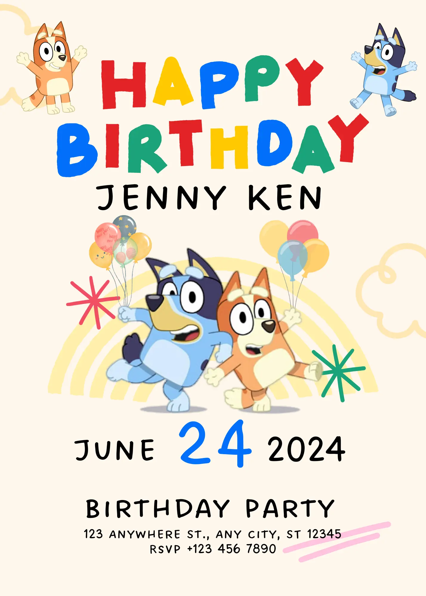 Bluey and Bingo Birthday Party Invitation Template - CreativeRino