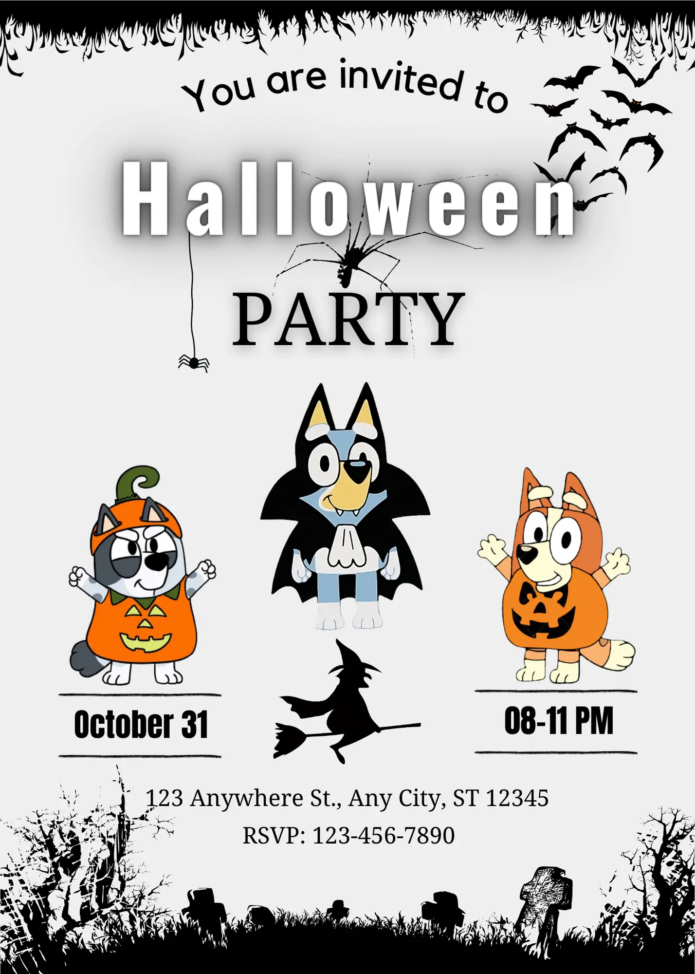 Bluey and Bingo Halloween Birthday Invitation Template - CreativeRino