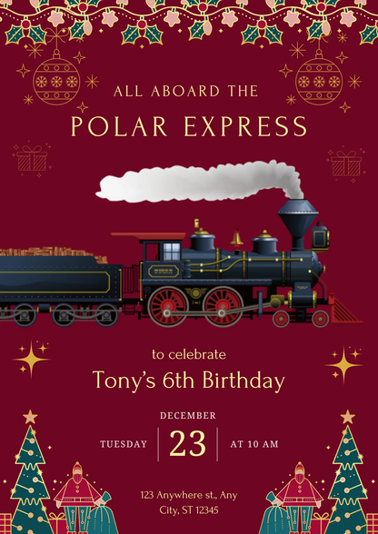 Christmas Polar Express Train Birthday Invitation Template - CreativeRino