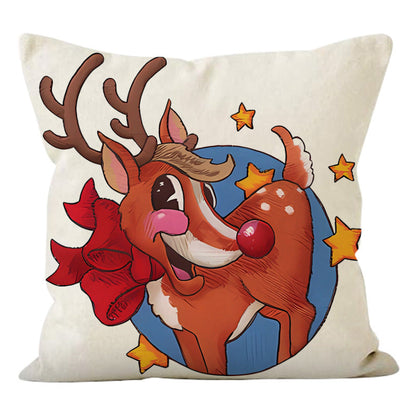 Festive Reindeer Print Linen Pillow Cover | Christmas Holiday Sofa Decoration eprolo
