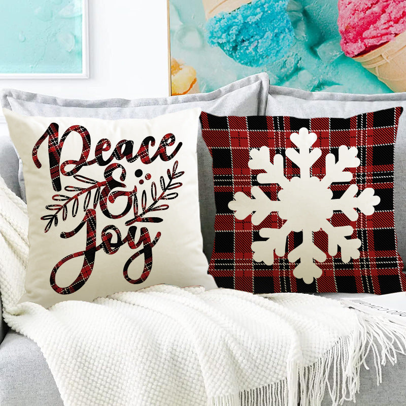 Christmas Reindeer & Snowflake Grid Pillow Cover | Printed Linen Cushion Case for Holiday Sofa Decor eprolo