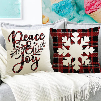 Christmas Reindeer & Snowflake Grid Pillow Cover | Printed Linen Cushion Case for Holiday Sofa Decor eprolo