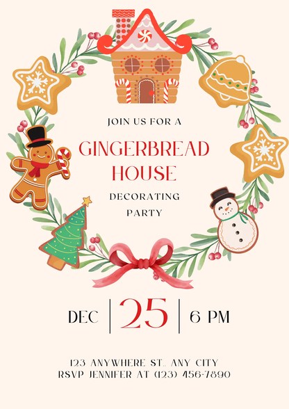 Gingerbread House Decorating Party Christmas Invitation Template - CreativeRino