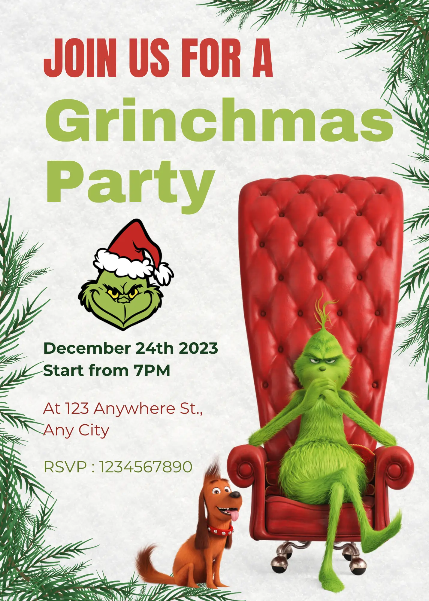 Grinchmas Christmas Party Invitation Template | Grinch Invite - CreativeRino