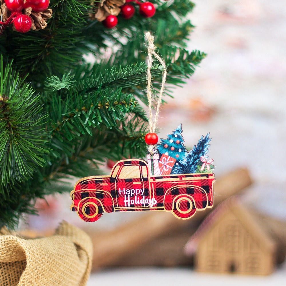 Rustic Plaid Wooden Christmas Ornaments Set | Santa, Car & Tree Hanging Pendants Decor