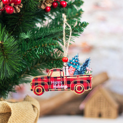 Rustic Plaid Wooden Christmas Ornaments Set | Santa, Car & Tree Hanging Pendants Decor