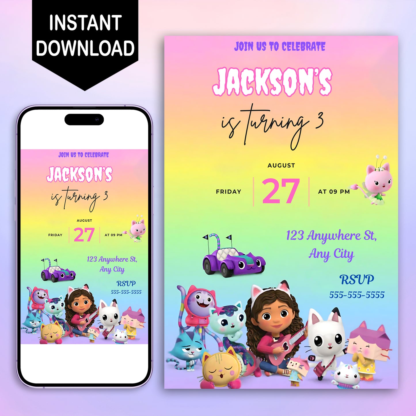 Gabby's Dollhouse Birthday Invitation Template - CreativeRino