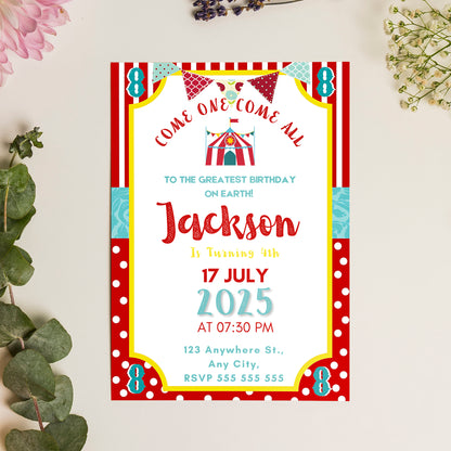 Carnival Circus Big Top Tent Birthday Invitation Template - CreativeRino