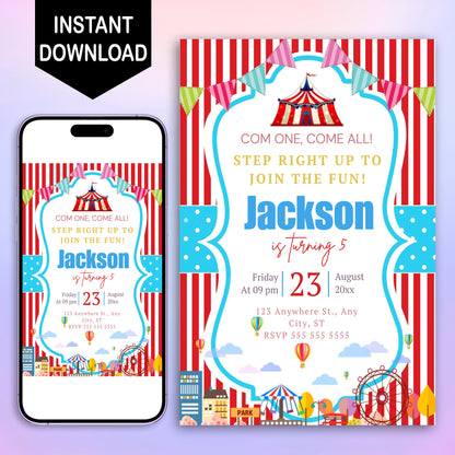 Carnival Circus Big Top Tent Birthday Invitation Template - CreativeRino