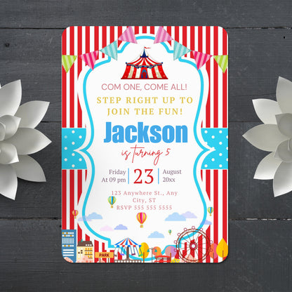 Carnival Circus Big Top Tent Birthday Invitation Template - CreativeRino