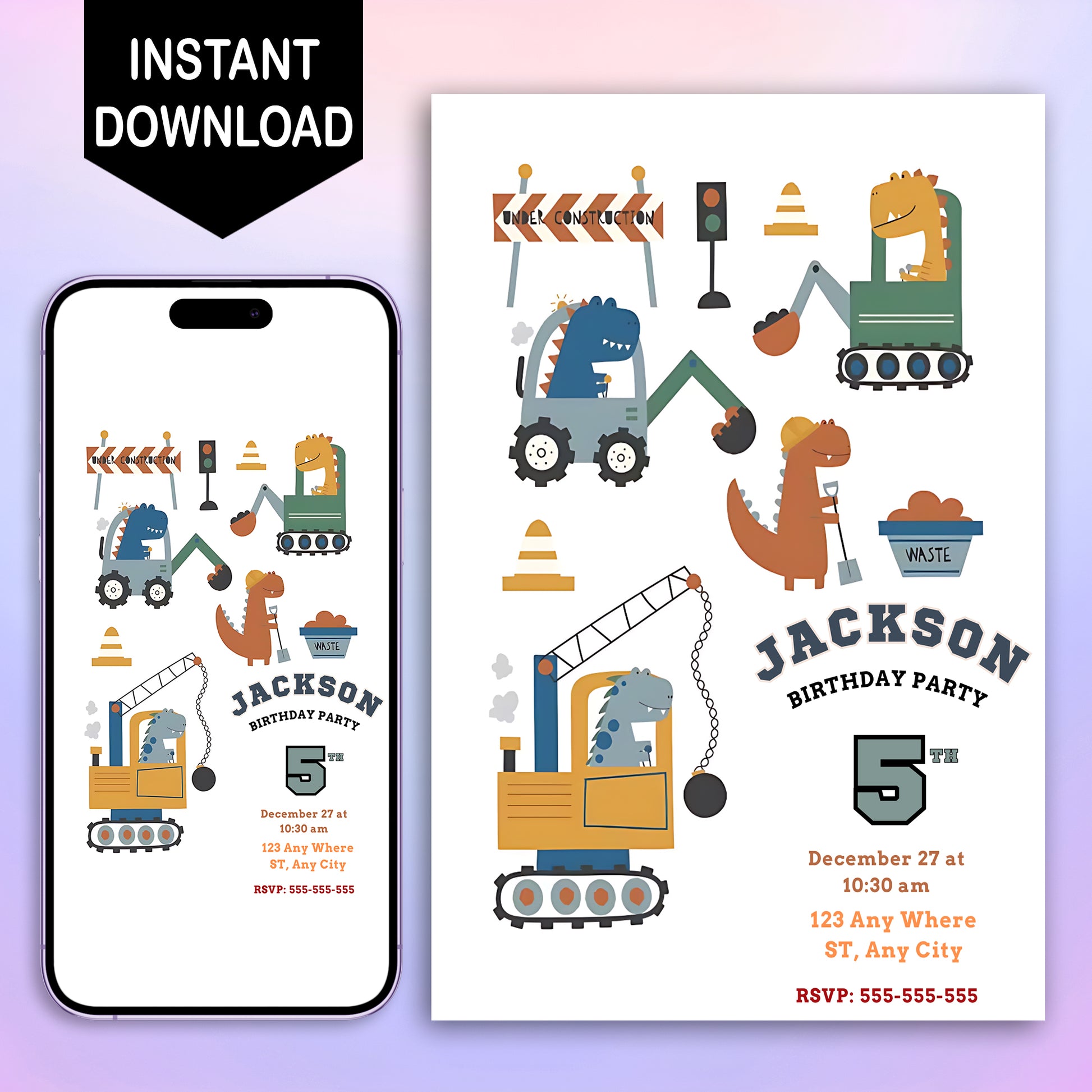 Construction Dinosaur Birthday Invitation Template - CreativeRino