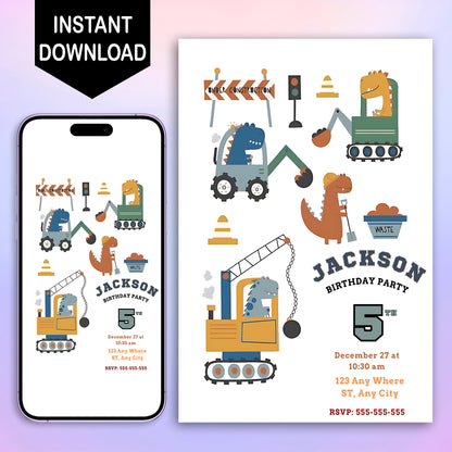 Construction Dinosaur Birthday Invitation Template - CreativeRino