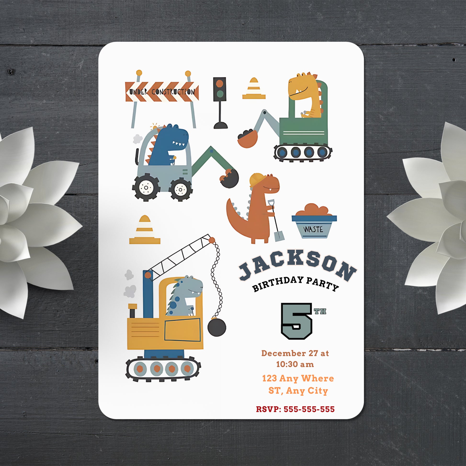 Construction Dinosaur Birthday Invitation Template - CreativeRino