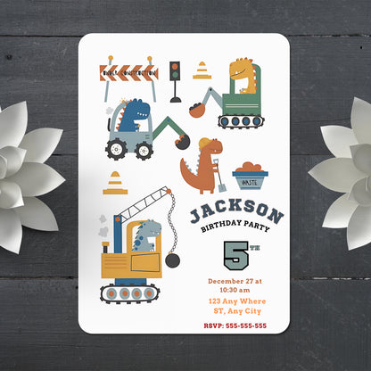 Construction Dinosaur Birthday Invitation Template - CreativeRino