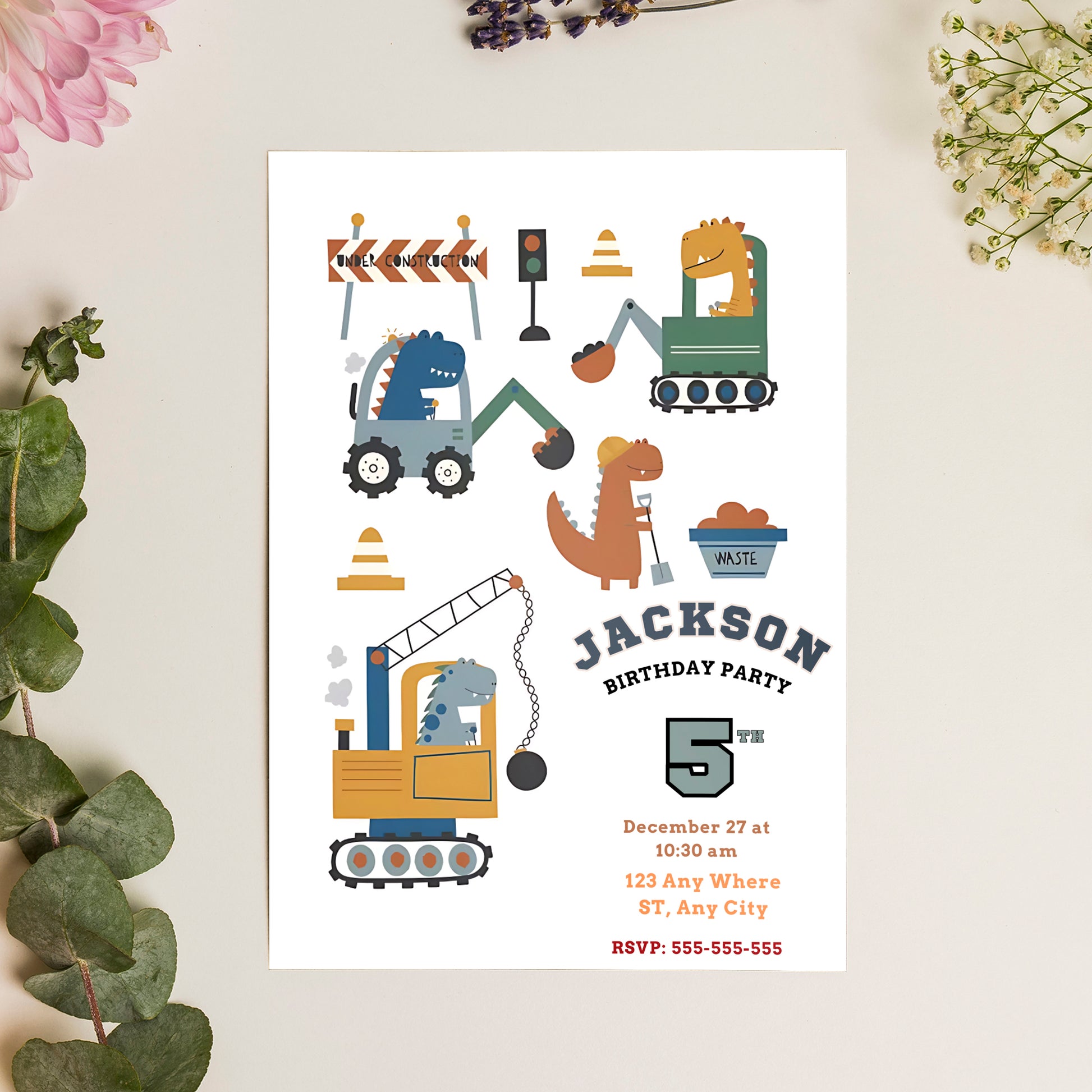 Construction Dinosaur Birthday Invitation Template - CreativeRino