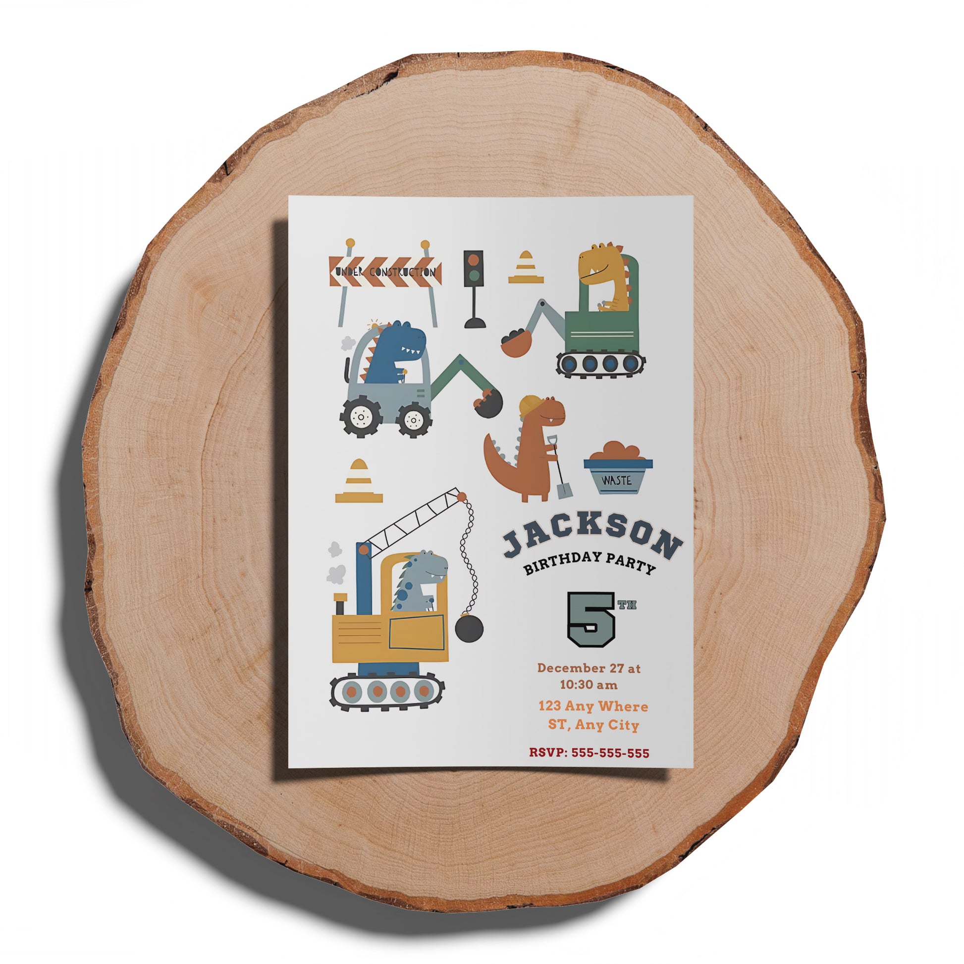 Construction Dinosaur Birthday Invitation Template - CreativeRino