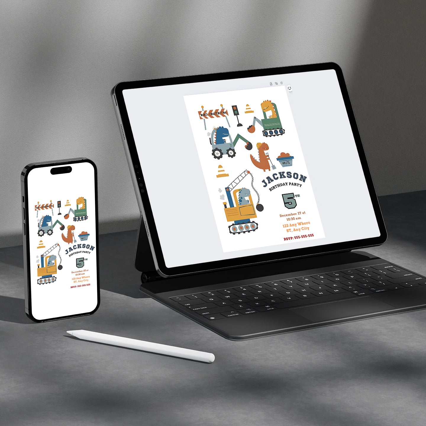 Construction Dinosaur Birthday Invitation Template - CreativeRino