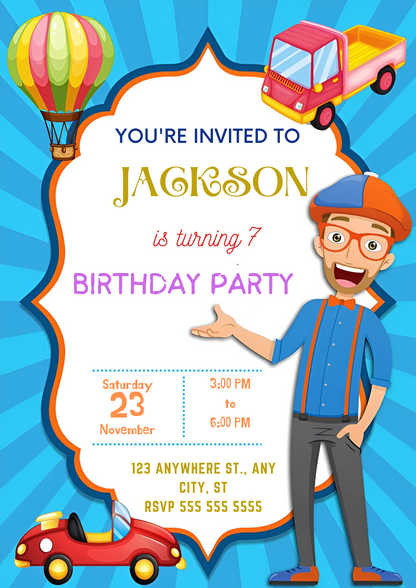 Blippi  Birthday Invitation Template - CreativeRino