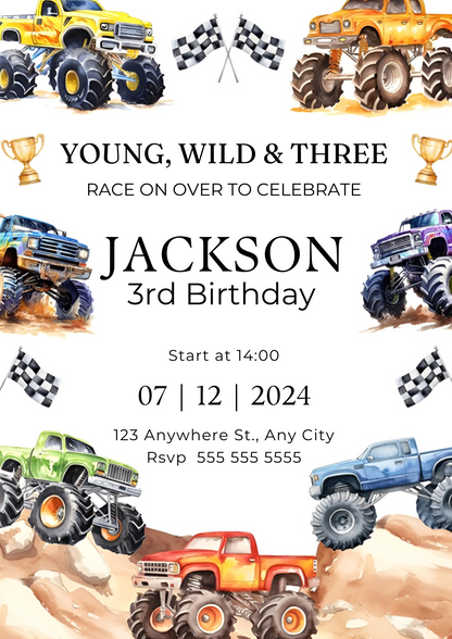 Monster Truck Birthday Invitation Template - CreativeRino