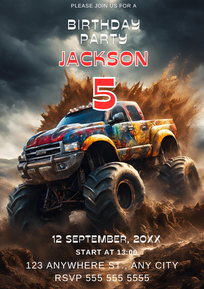 Monster Truck Birthday Invitation Template - CreativeRino