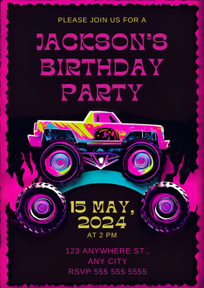 Monster Truck Birthday Invitation Template - CreativeRino