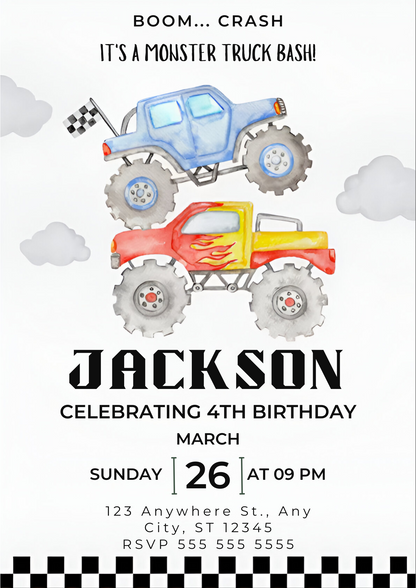 Monster Truck Birthday Invitation Template - CreativeRino