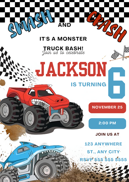Monster Truck Birthday Invitation Template - CreativeRino