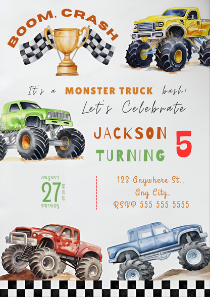 Monster Truck Birthday Invitation Template - CreativeRino