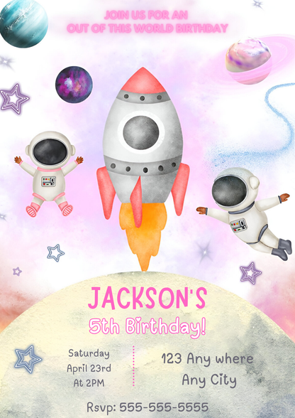 Outer Space Rocket Ship Birthday Party Invitation Template - CreativeRino