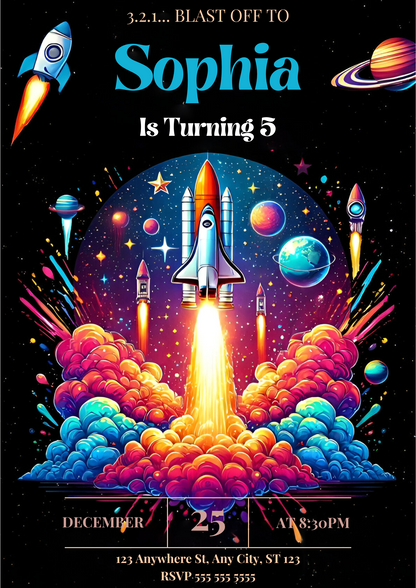 Outer Space Rocket Ship Birthday Invitation Template - CreativeRino