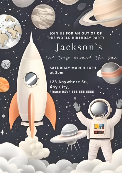 Astronaut Outer Space Birthday Invitation Template - CreativeRino