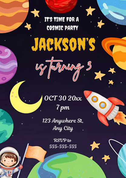 Outer Space Rocket Ship Birthday Party Invitation Template - CreativeRino