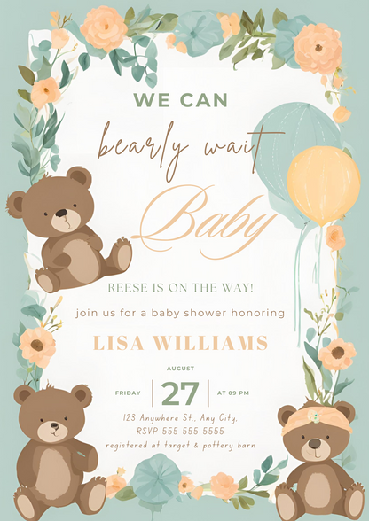 We Can Bearly Wait Baby Shower Invitation Template - CreativeRino