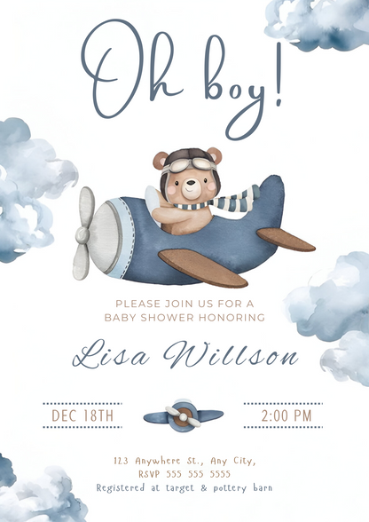 Airplane Baby Shower Invitation Template - CreativeRino
