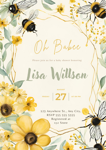 Bee baby shower Invitation Template - CreativeRino