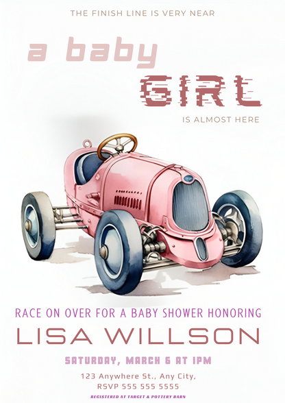Car Girl Baby Shower Invitation Template - CreativeRino