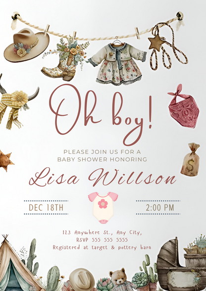 Cowgirl Baby Shower Invitation Template - CreativeRino