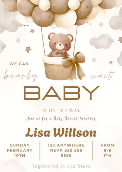 Teddy Bear Hot Air Balloon Baby Shower Invitation Template - CreativeRino