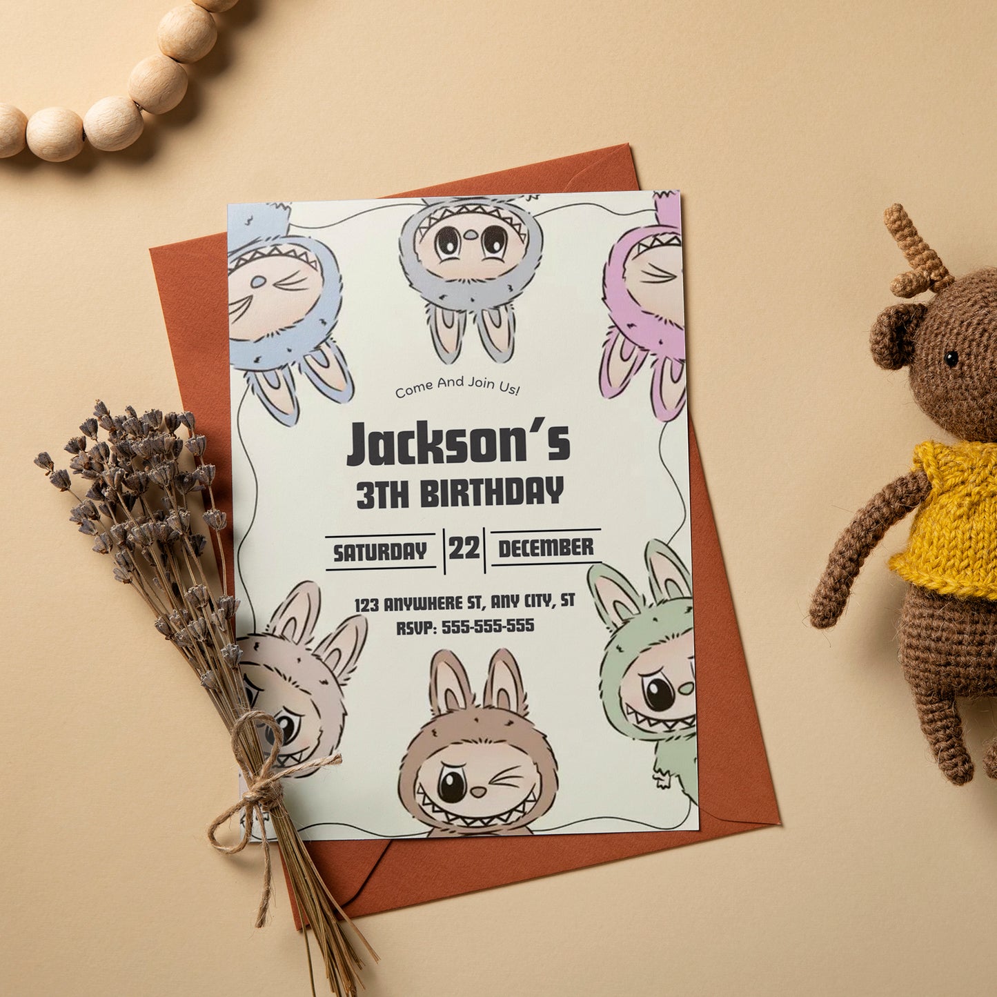 Labubu Theme Birthday Card Design - CreativeRino