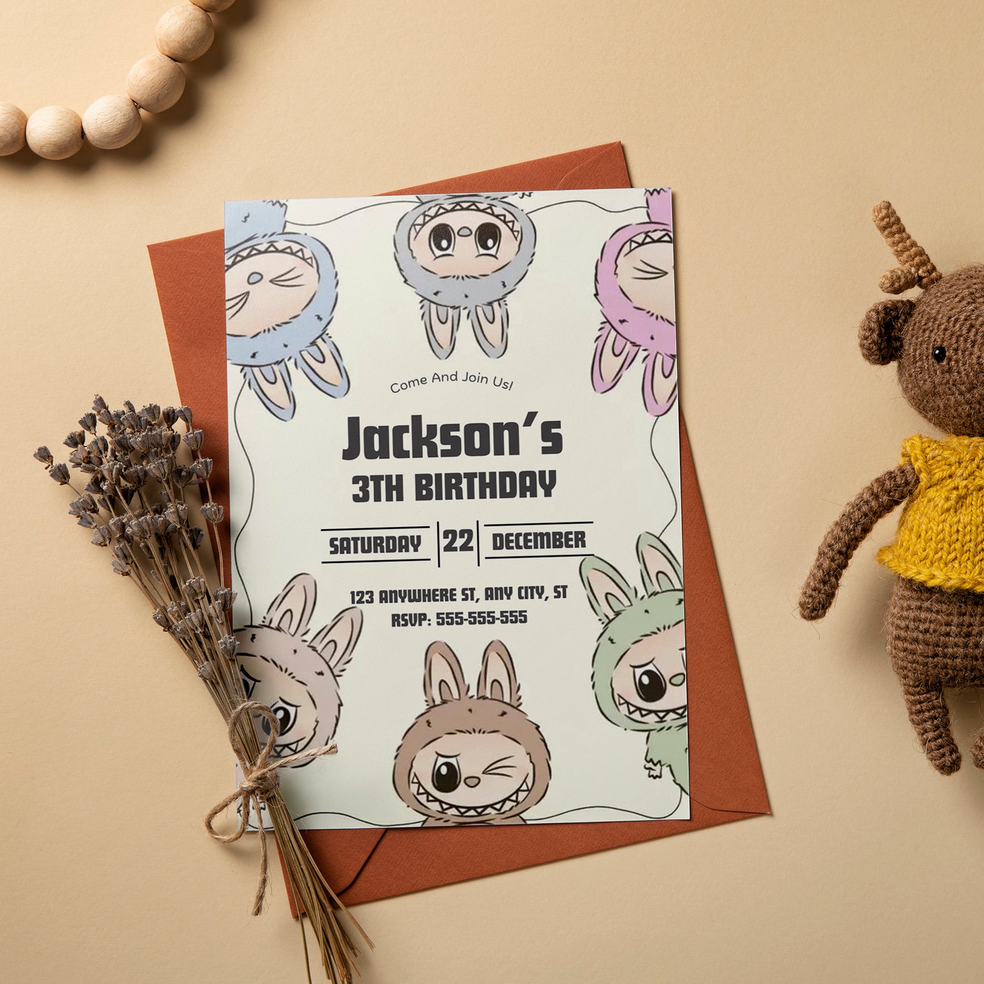 Labubu Theme Birthday Card Design - CreativeRino