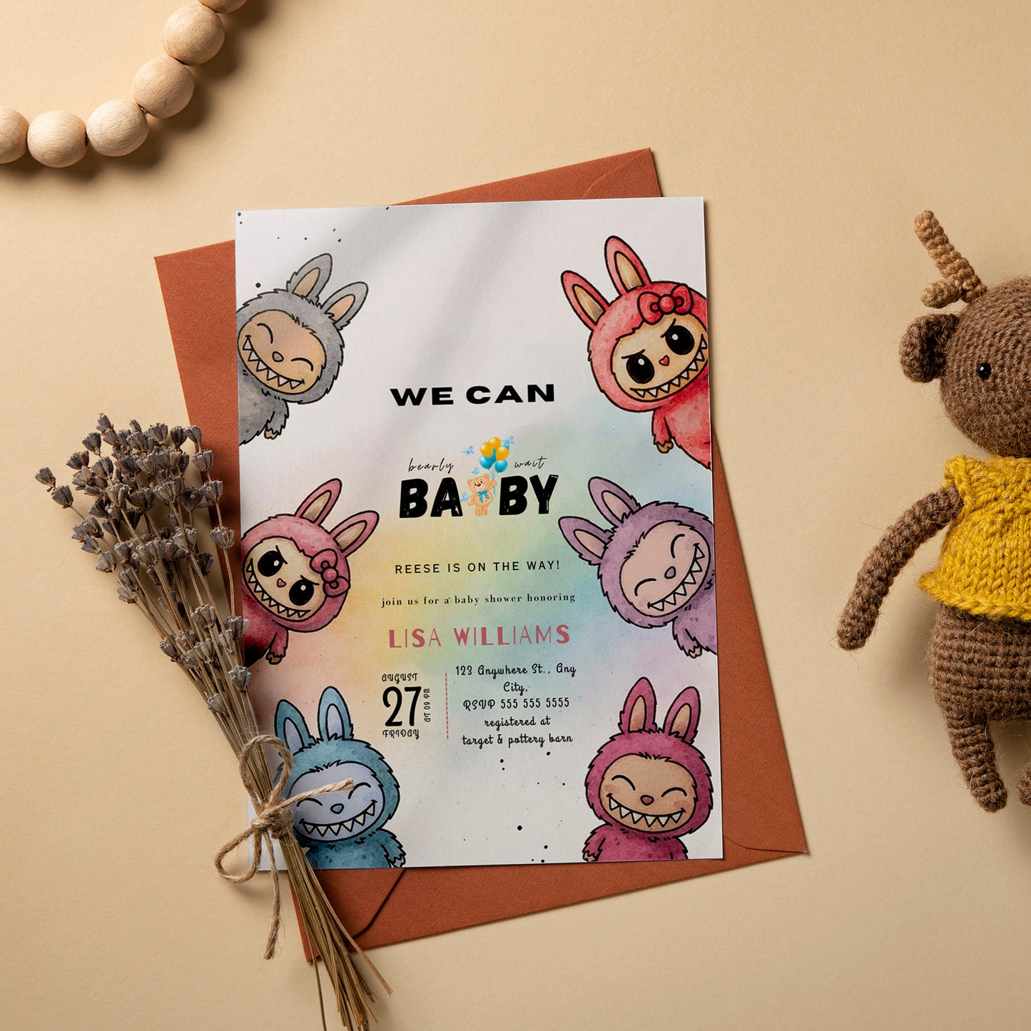 Editable Labubu Baby Shower Card - CreativeRino