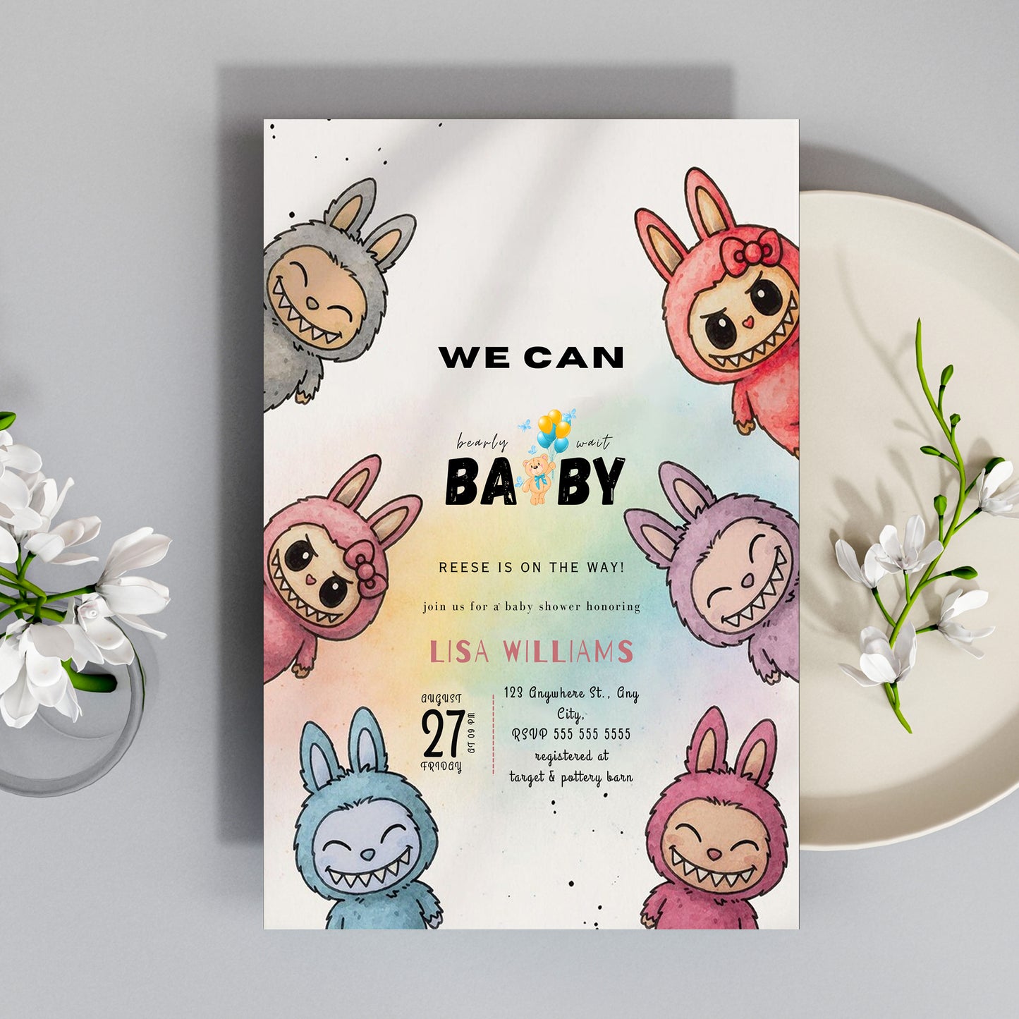 Editable Labubu Baby Shower Card - CreativeRino