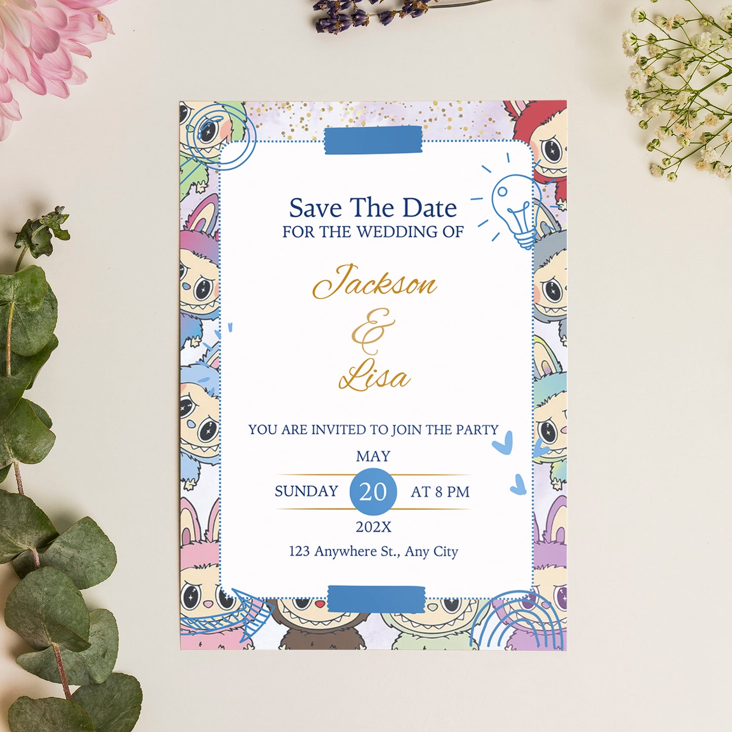 Minimal Labubu Wedding Card Design - CreativeRino