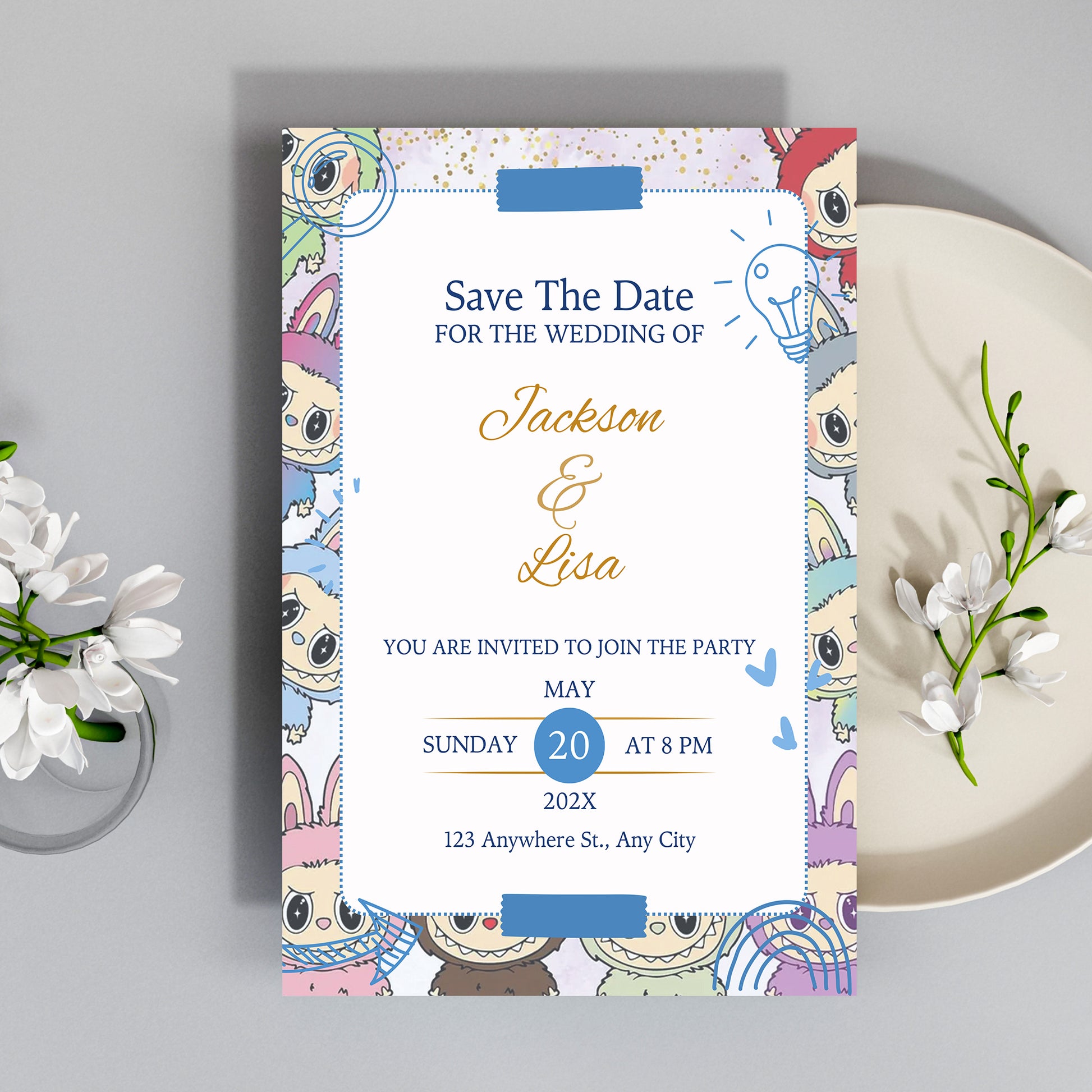 Minimal Labubu Wedding Card Design - CreativeRino