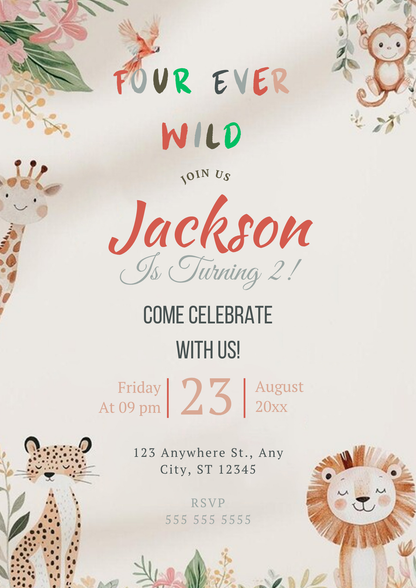 Four Ever Wild Birthday Party Invitation - CreativeRino