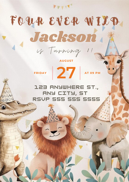 Editable Four Ever Wild Birthday Invitation - CreativeRino