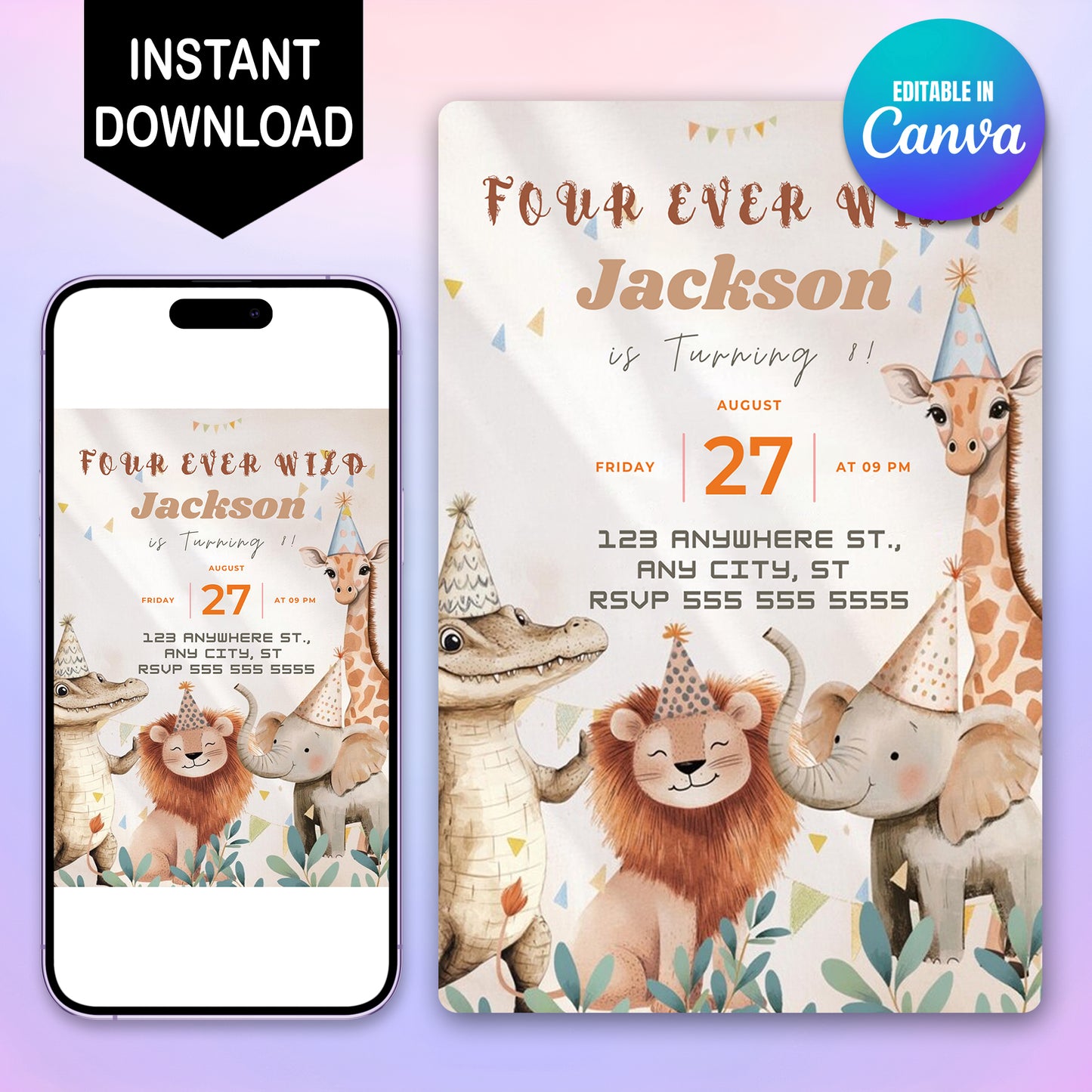 Editable Four Ever Wild Birthday Invitation - CreativeRino